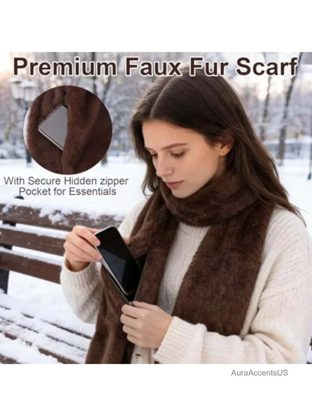 Faux-Fur Pull Through Scarf with Hidden Zipper Pocket, Cozy Winter Wrap